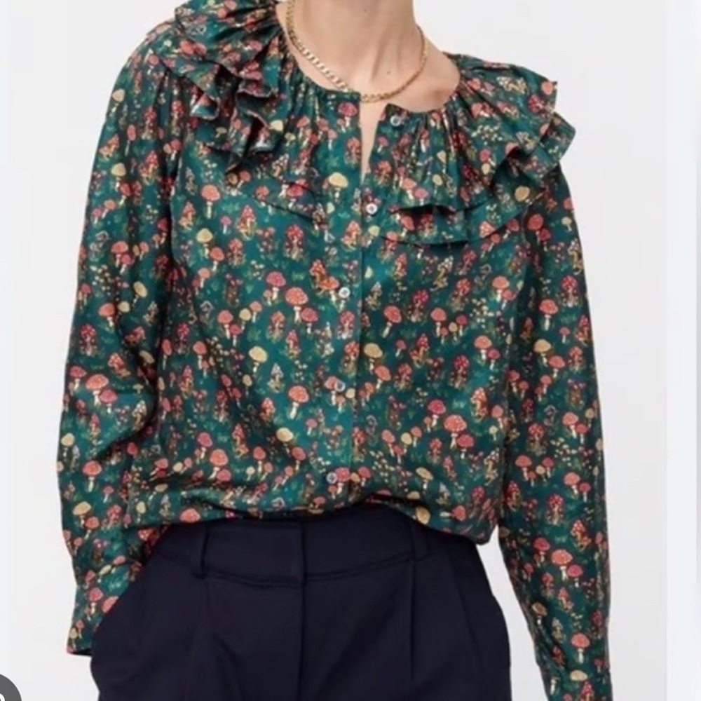 J. Crew Collection Forest Green Silk Blouse with Mushroom Pattern XS - Picture 3 of 3